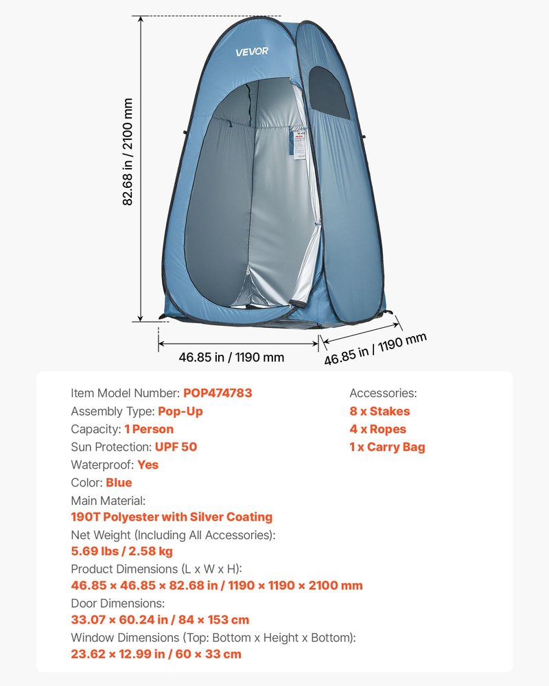 VEVOR Pop up Privacy Tent, Instant Portable Privacy Tent Changing Room with Ground Stakes, Ropes, and Carry Bag, 190T Polyester with Silver Coating, Quick Setup, for Camping, Beach, Fishing, Blue