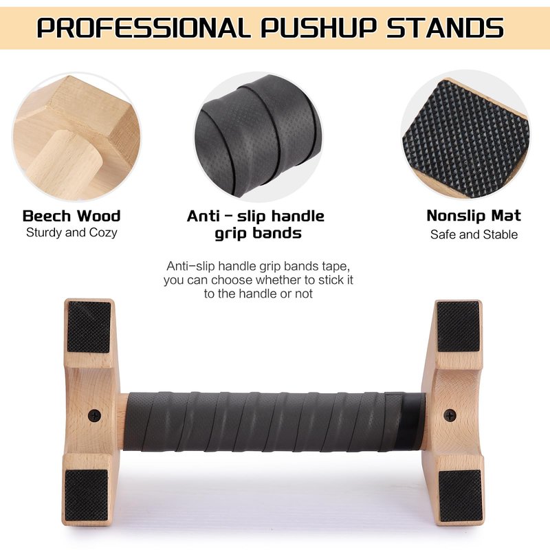 AnExer Push Up Stands, Handstand Parallettes Bars, Solid Wood Push Up Bars with Non-Slip Mat Push up Handles for Floor Exercise Home Workout Equipment for Men & Women Strength Training (Beech Wood-25cm)