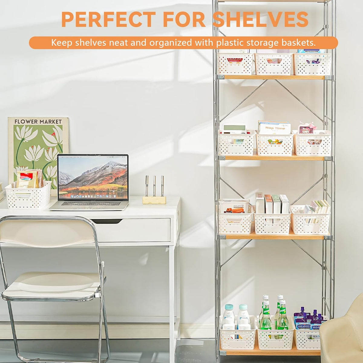 12 Pack Plastic Storage Baskets by [Brand Name] - Versatile Organizers with Handles & Labels for Cabinets, Closets, and Offices