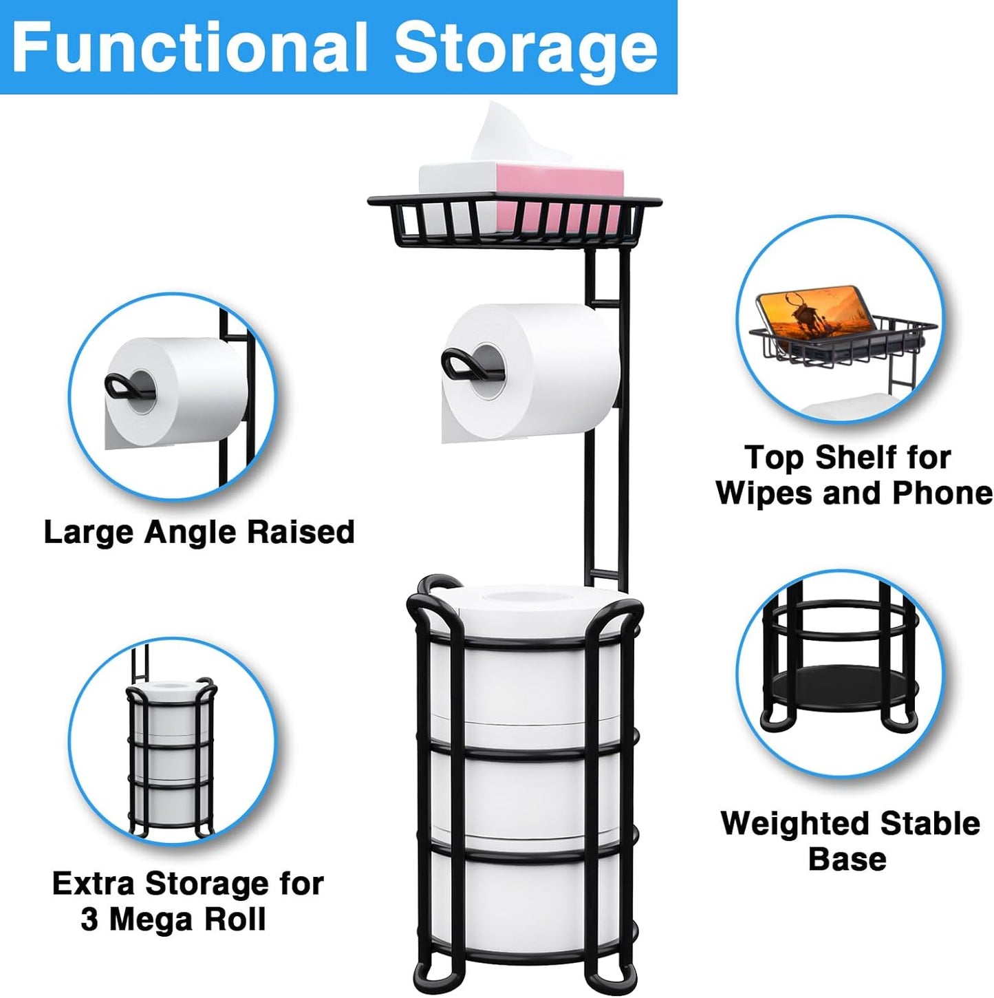 Skiennix Toilet Paper Holder Stand - Free Standing Tissue Roll Storage Rack with Shelf | Black