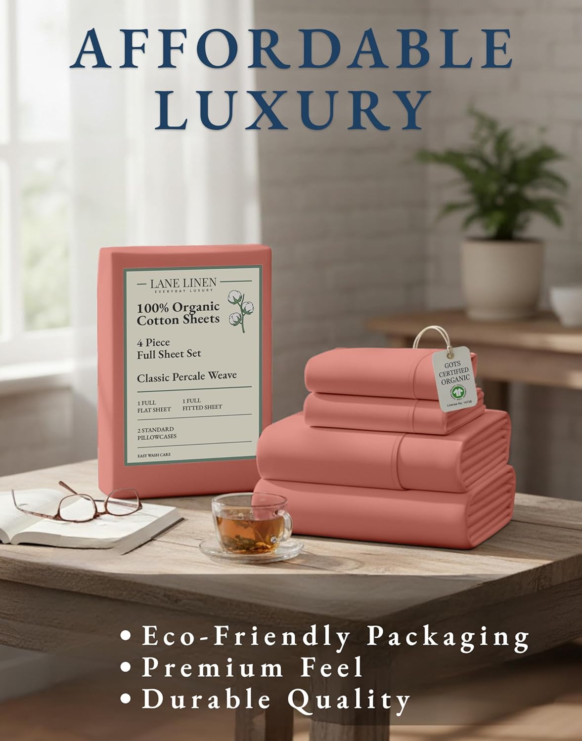 LANE LINEN 100% Organic Cotton Full Sheets Set - Ultra Soft Percale Bedding, Fits Mattresses Up to 15" Deep | Rose Dawn