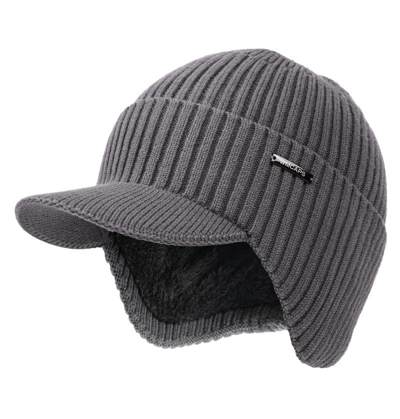 Wmcaps Winter Beanie with Brim and Ear Flaps, Outdoor Warm Fleece Lined Knit Hat Stocking Caps for Men Women Charcoal Gray