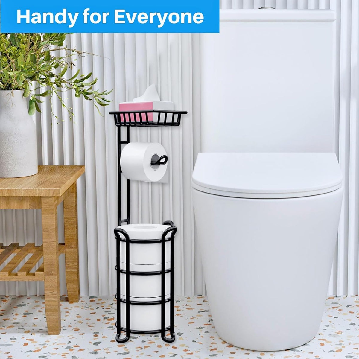 Skiennix Toilet Paper Holder Stand - Free Standing Tissue Roll Storage Rack with Shelf | Black
