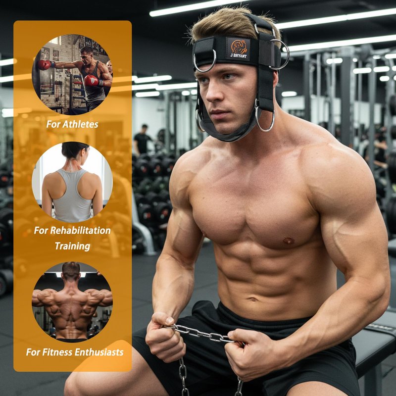 Adjustable Neck Harness for Resistance Bands & Weightlifting, Head Strap with 6 D-Rings for Multi-Directional Neck Training, Padded Chin Support for Athletes & Rehab Exercises