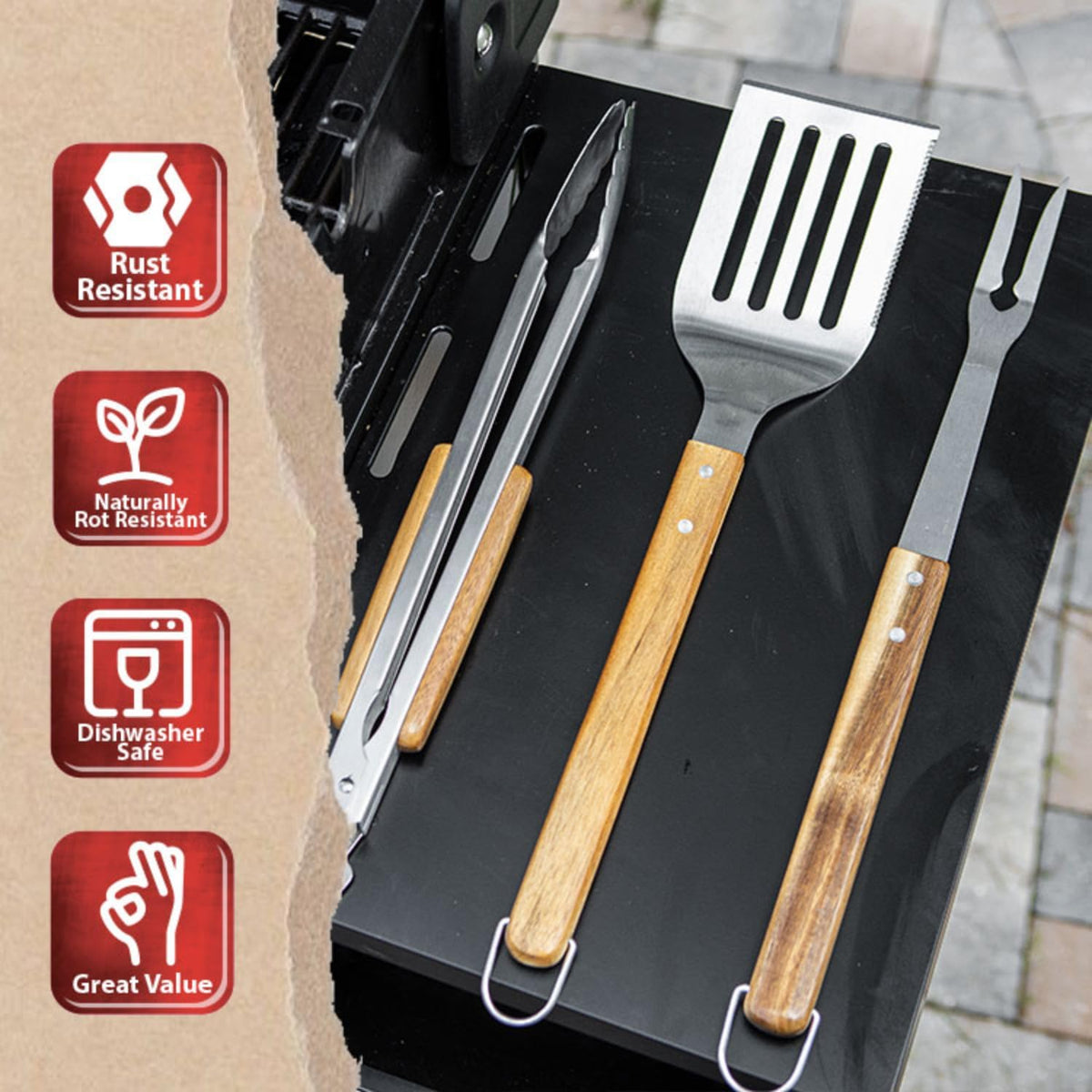 BBQ-AID Pro BBQ Metal Spatula - 17" Stainless Steel Spatula with Serrated Edge & Acacia Wood Handle