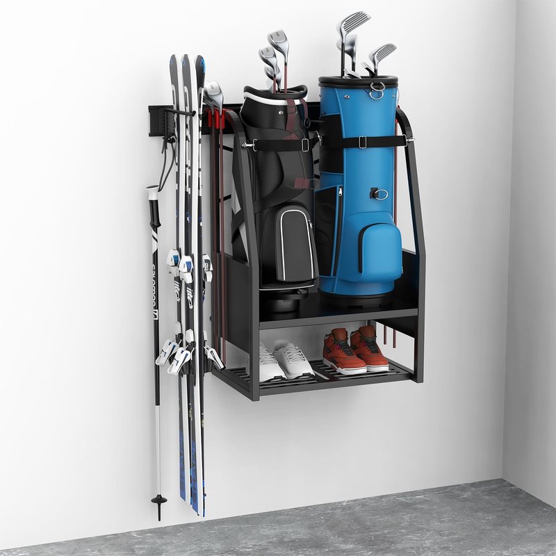 WALMANN Wall Mount Golf Bag Organizer, 2 Golf Bags Stand Golfing Equipment and Accessories Storage Rack for Garage(Black)