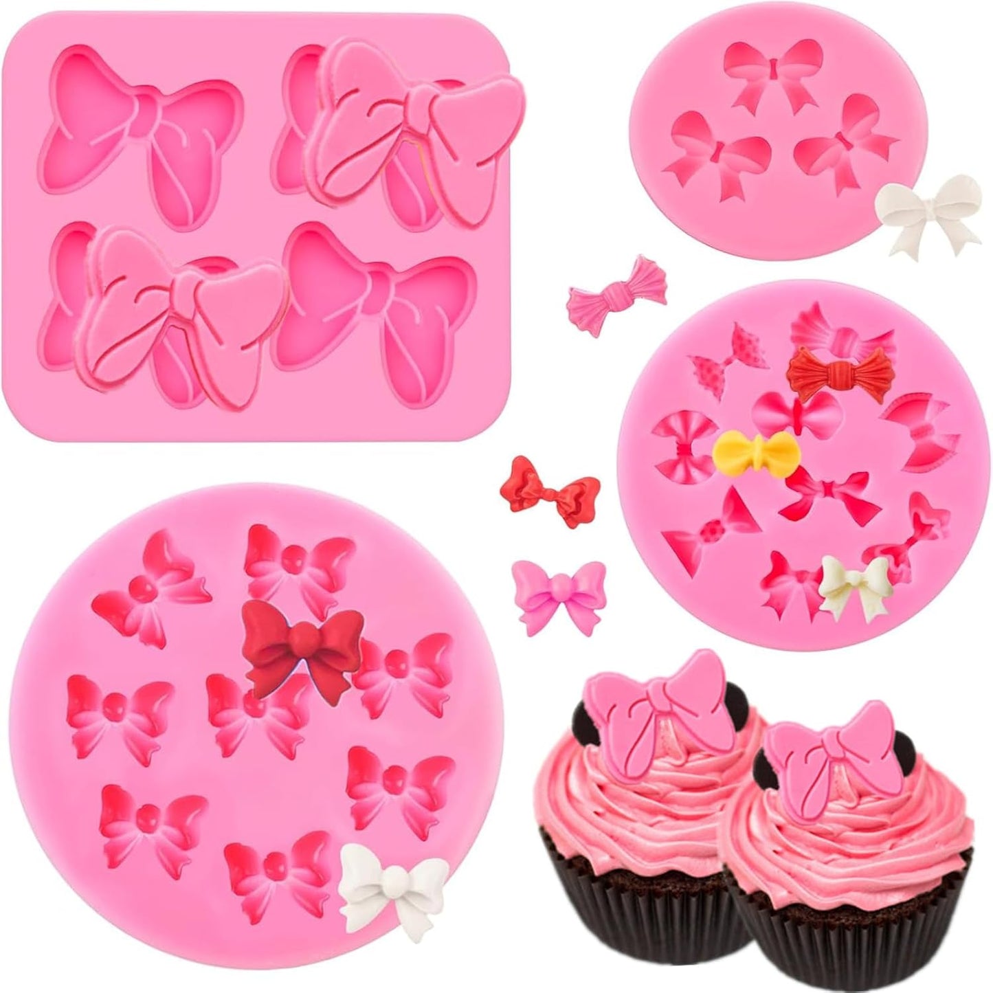Puyeipt Silicone Bow Molds - 4 Pcs Mini Fondant & Chocolate Molds for Cupcake Toppers | Cake Pop Decor