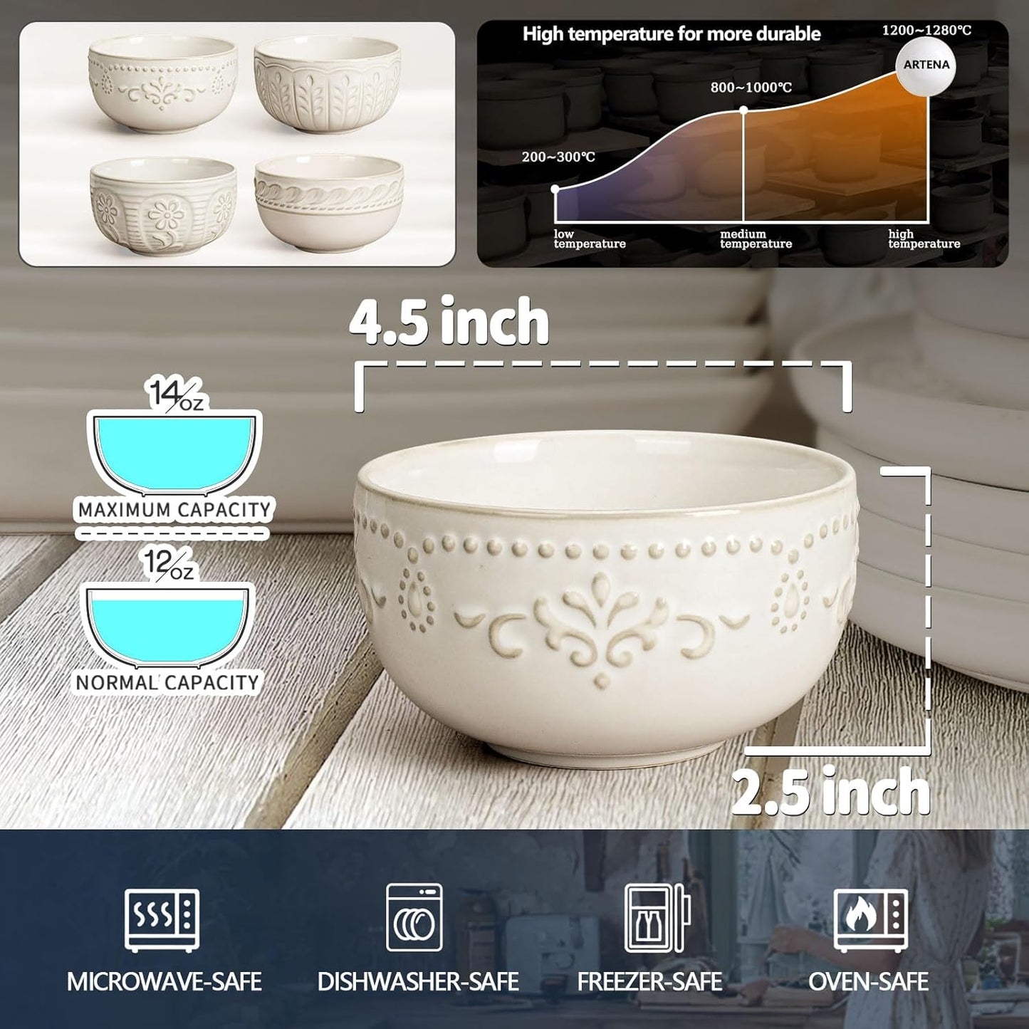 Artena Ceramic Dessert Bowls Set of 4 - 12 oz Embossed White Bowls for Ice Cream, Cereal & More | Microwave & Dishwasher Safe