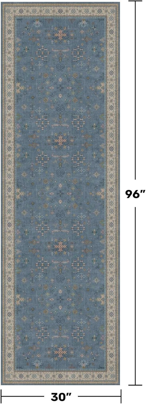 Blue Boho Runner Rug - Washable Non-Slip 2'6''x8' Floral Hallway Rug for Modern Home Décor