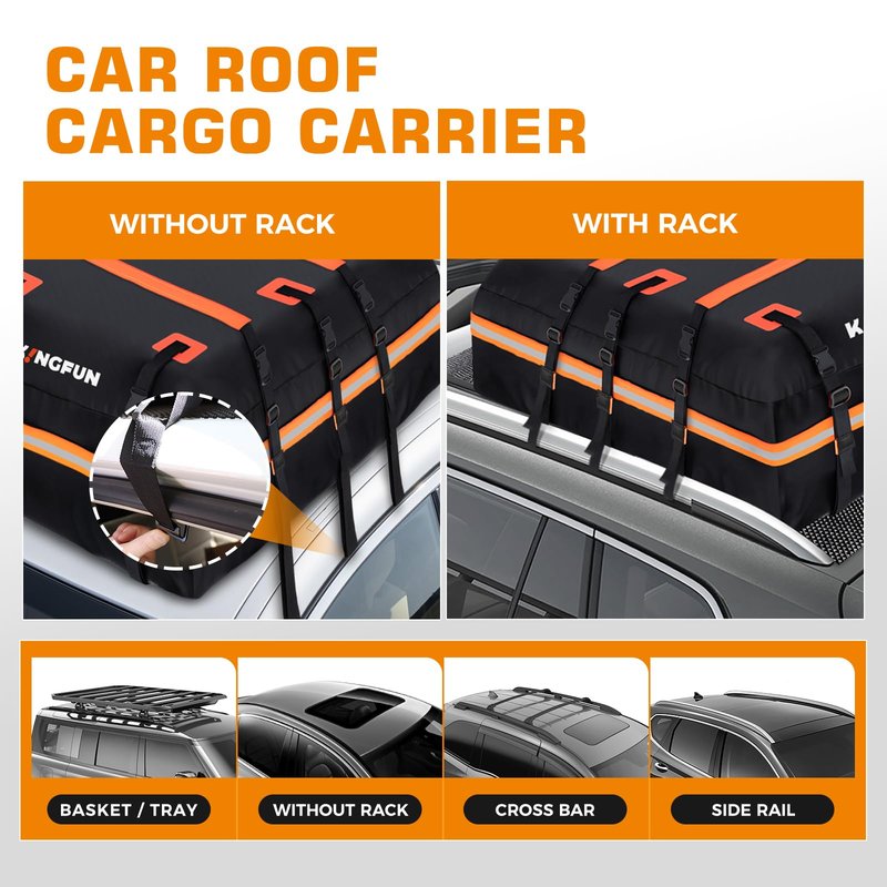 Kingfun Car Rooftop Cargo Carrier Bag, Waterproof 20 Cubic Feet Car Roof Luggage Carrier for All Vechicles with/Without Racks, Includes Anti-Slip Mat, 8 Reinforced Straps, 6 Door Hooks, Luggage Locks