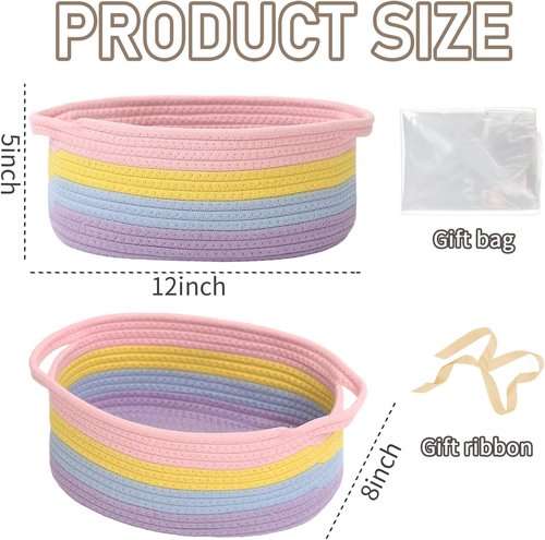 JMvicyroam Woven Basket - Small Rope Storage Bin with Handles for Organizing Shelves | 2-Pack Rainbow Design
