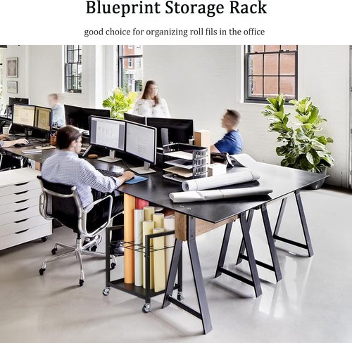 Blueprint Storage Rack - Metal Blueprint Holder Cart with Wheels | 12 Slots for Home Office & School (Black)