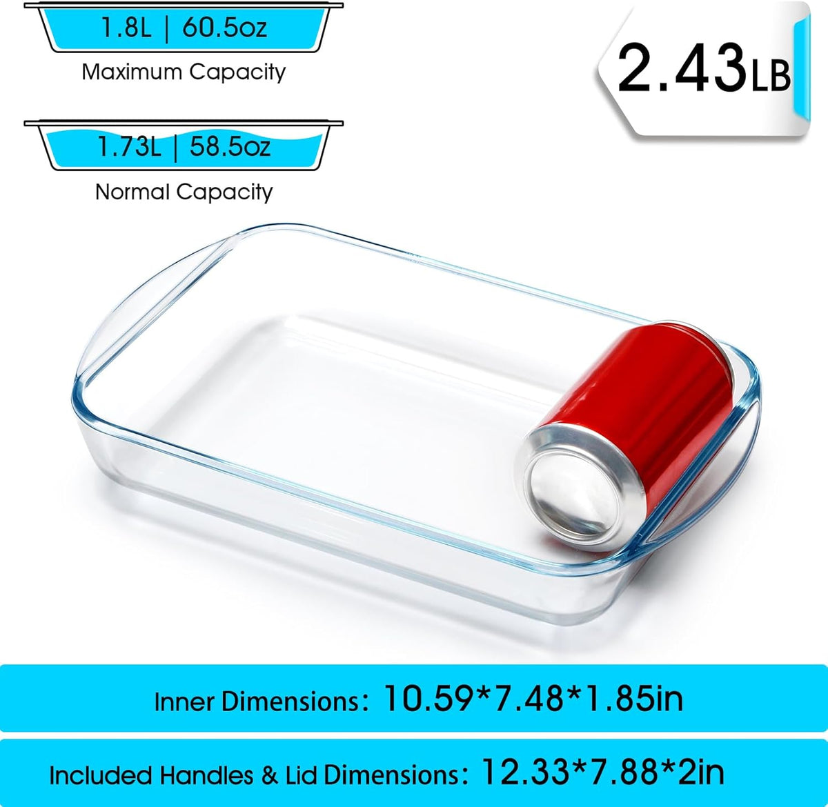 NUTRIUPS Glass Baking Dish - 1.8 Quart Tempered Oven Safe Lasagna Pan | 11x7x2 Inches