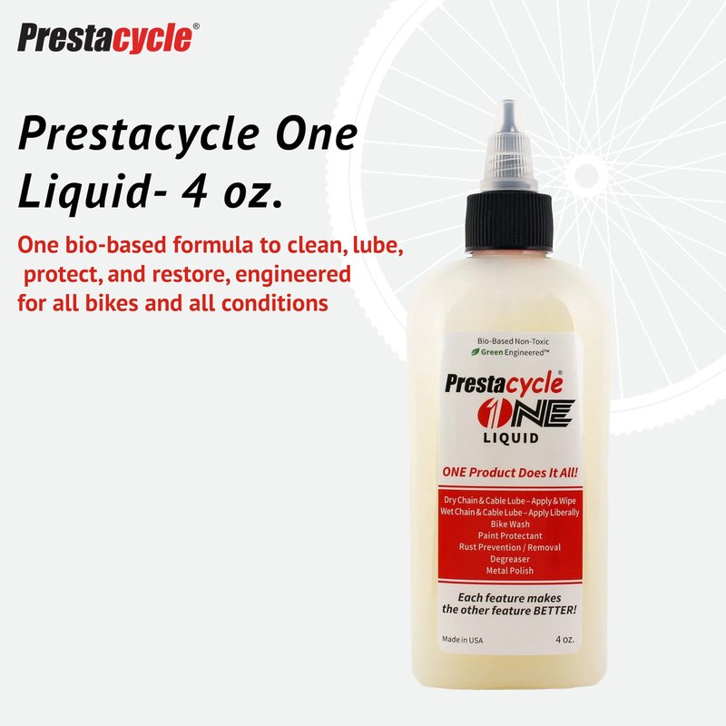 Prestacycle One Liquid - 4 Oz – All-in-One Bio-Based Bicycle Lube, Degreaser, Cleaner, Rust Remover & Protectant, Wet & Dry Chain Lubricant, USDA Certified, No Petroleum or Alcohol