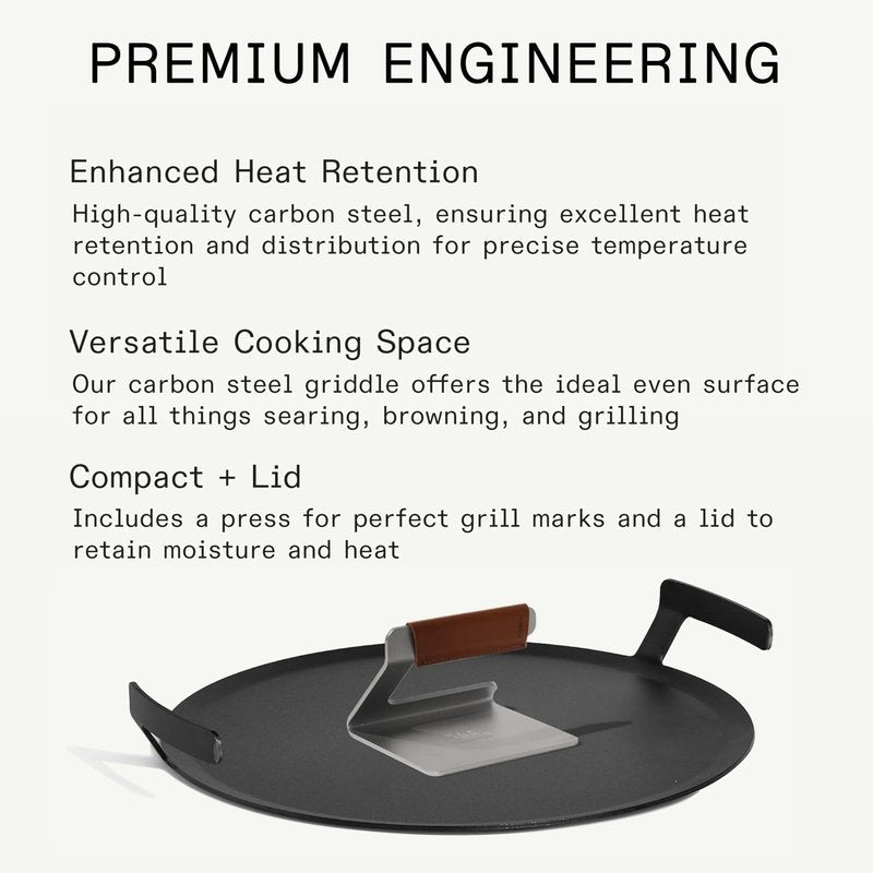 Made In Cookware | Seasoned 17" Round Carbon Steel Griddle + Grill Press - (Like Cast Iron, but Better) | Professional Cookware | Crafted in Sweden | Induction Compatible