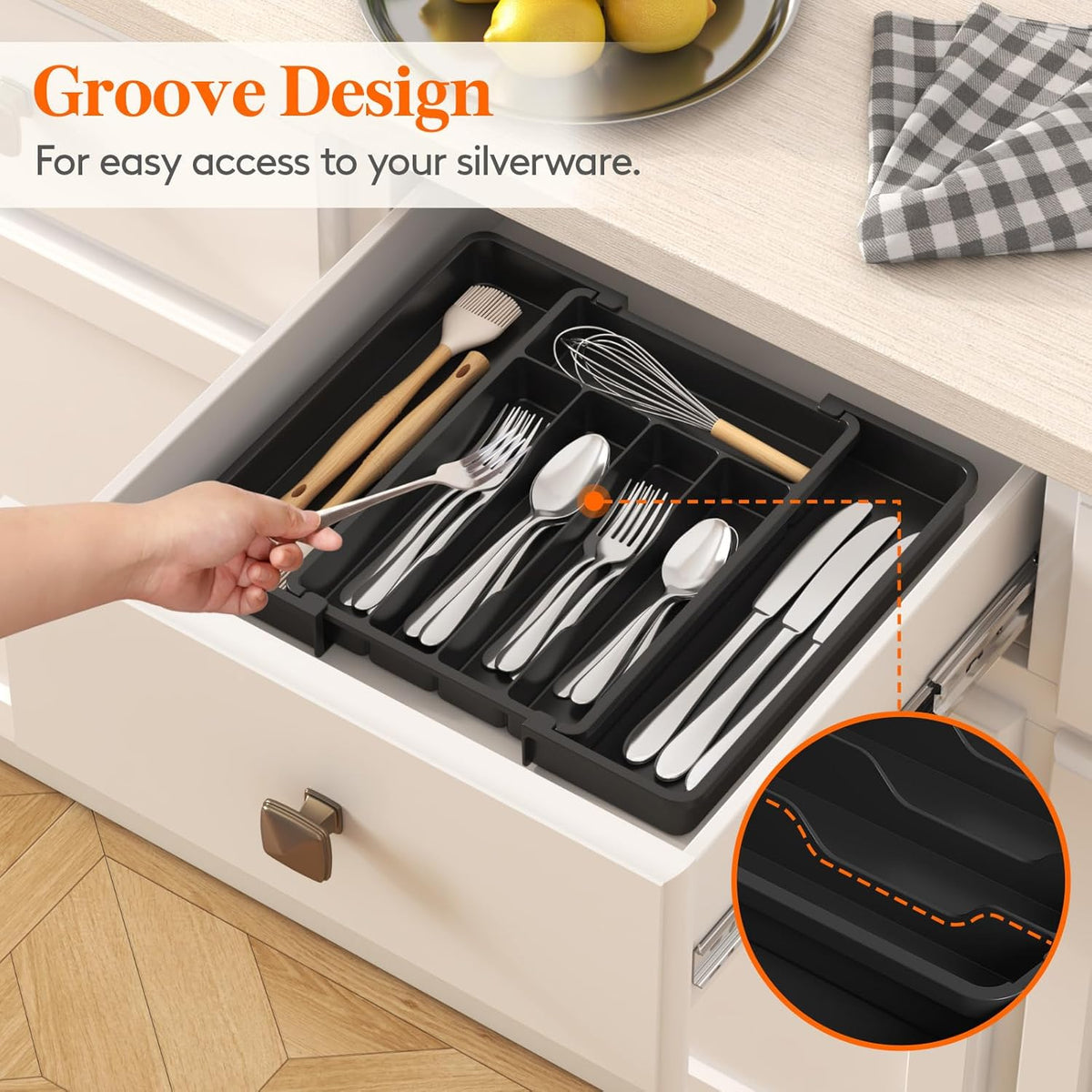 Lifewit Drawer Organizer Set - Expandable Plastic Storage for Silverware & Cooking Utensils | BPA-Free, Black