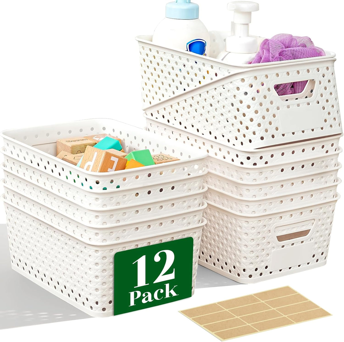12 Pack Plastic Storage Baskets by [Brand Name] - Versatile Organizers with Handles & Labels for Cabinets, Closets, and Offices