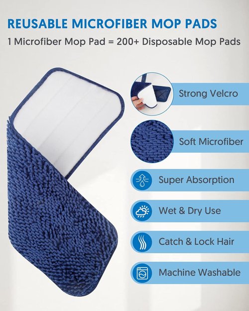 BPAWA Microfiber Flat Floor Mop - Versatile Wet/Dry Cleaning for Hardwood, Tile & Vinyl | 4 Washable Chenille Pads
