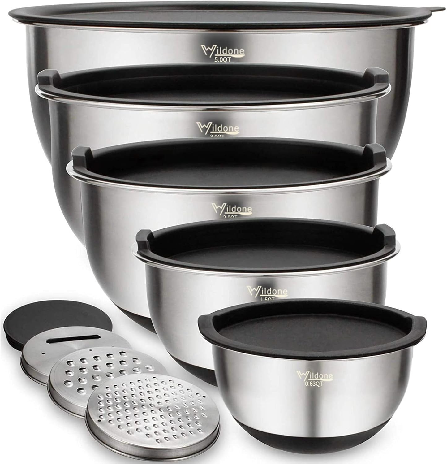 Wildone Mixing Bowls Set - 5PCS Stainless Steel Nesting Bowls with Airtight Lids & Grater Attachments | Non-Slip Bottoms, 0.63 to 5 QT