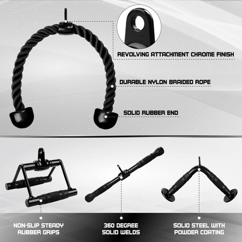 Yes4All Combo Double D Handle, Tricep Rope, Straight Bar & V Bar, Multi Cable Machine Accessories, Tricep Press Down & LAT Pulldown Attachments for Home Gym Set