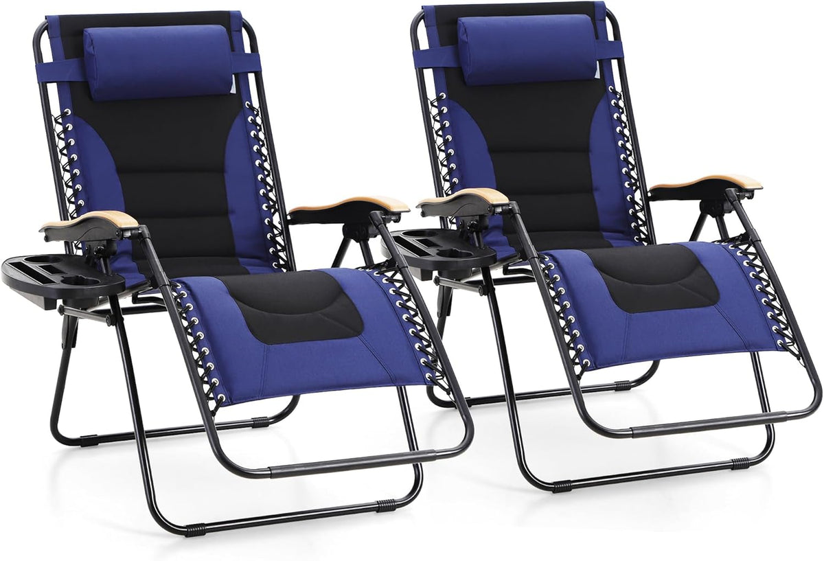 MAISON ARTS Oversized XXL Padded Zero Gravity Chair Set of 2 | 30" Wide Foldable Patio Recliner, Supports 400lbs, Blue