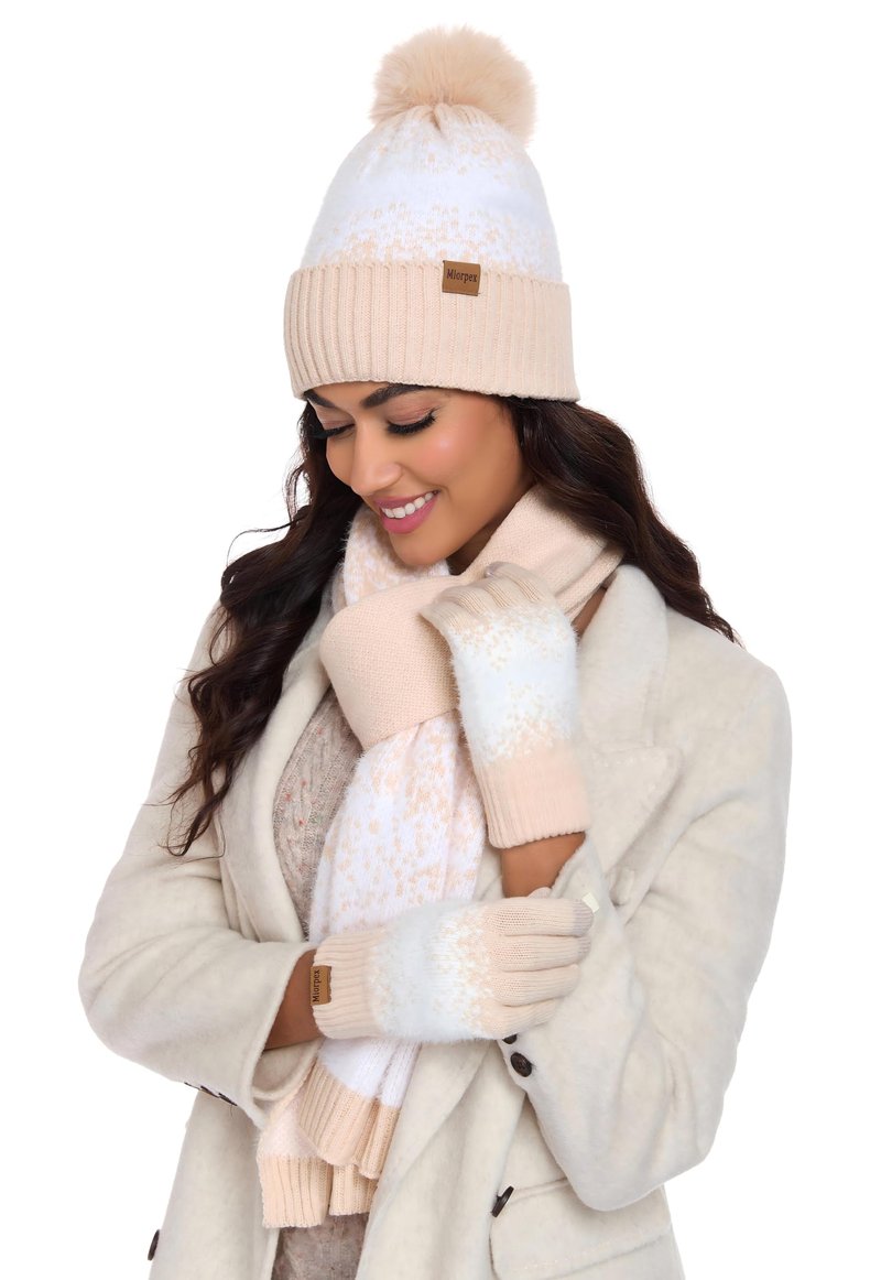 Miorpex Womens Winter Beanie Hat Touchscreen Gloves Long Scarf 3 Set with Warm Fleece Lined Knit Skull Caps Scarves for Women Apricot White