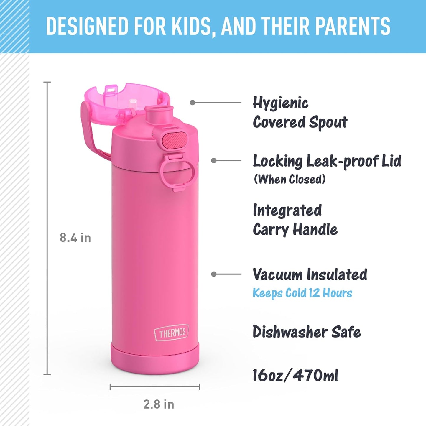 THERMOS FUNTAINER 16 Ounce Vacuum Insulated Stainless Steel Bottle - Neon Pink, Wide Spout Lid