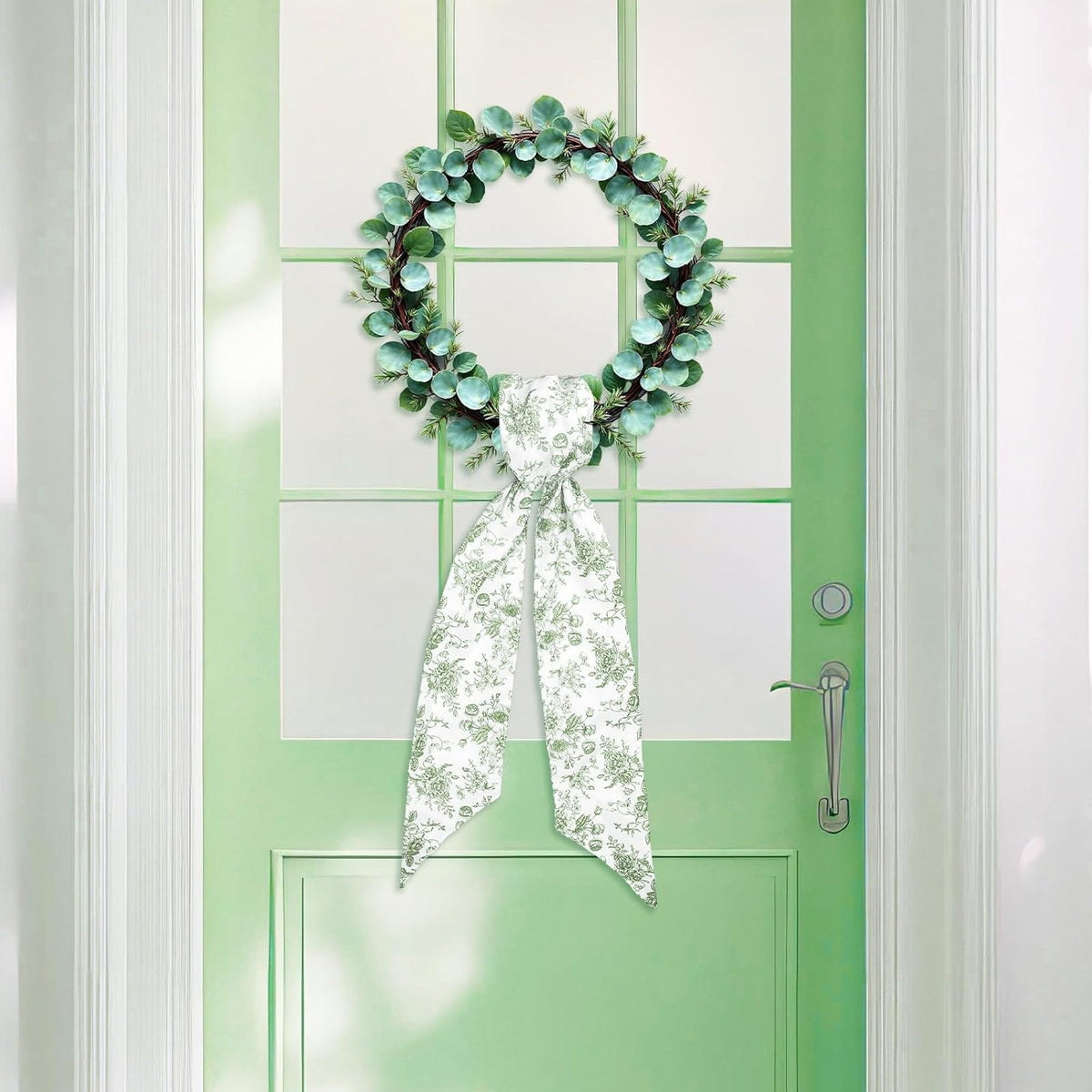 Whaline Green Flower Wreath Sash - Chinoiserie Floral Garland Ribbon for Holiday Decor | 2 Pcs