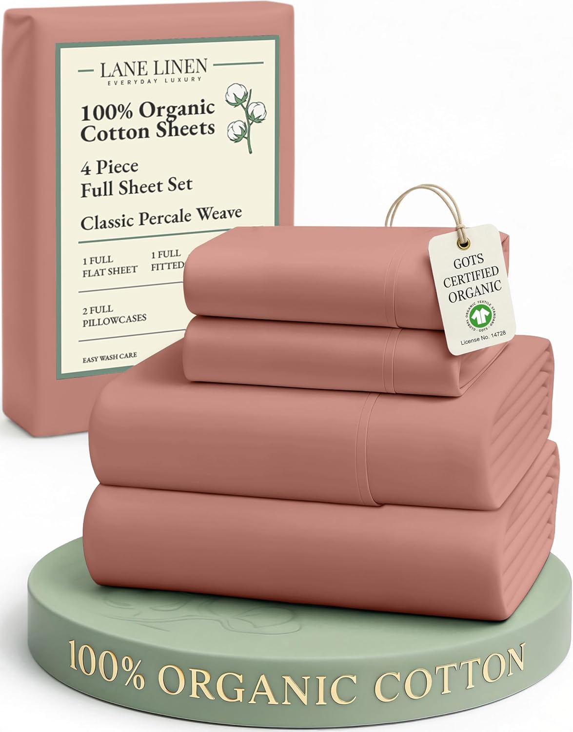 LANE LINEN 100% Organic Cotton Full Sheets Set - Ultra Soft Percale Bedding, Fits Mattresses Up to 15" Deep | Rose Dawn