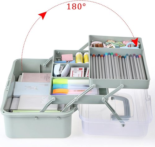 BTSKY 3-Layer Craft Organizer - Adjustable Spacers & Portable Handle - Haze Green Storage Box