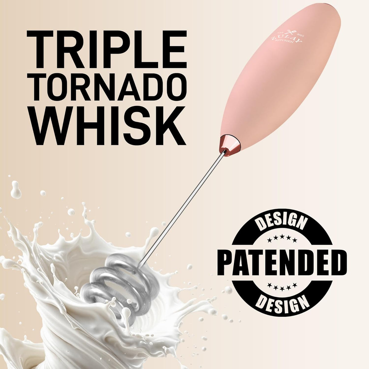 Zulay Kitchen Tornado Triple Whisk Milk Frother - Handheld Foam Maker for Coffee & Lattes | Includes 4 Duracell Batteries - Rose Peach