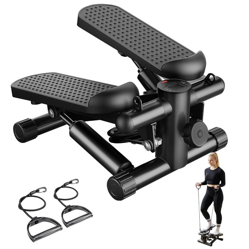 Mini Stair Steppers with Resistance Bands for Exercise at Home, Portable Exercise Twist Stepper Machine for Full Body Workout, Hydraulic Fitness Stepper with LCD Monitor, Black