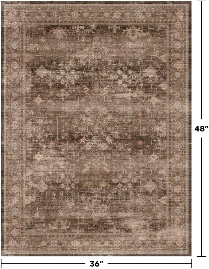 Skiennix Brown Boho Washable Entry Rug - Non-Slip Rubber Backing | 3x4 Indoor Door Mat in Earthy Taupe Floral Design