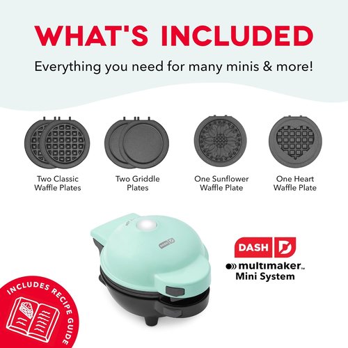 Dash MultiMaker® Mini Maker System - Compact Waffle Maker with Removable Plates - Aqua Color & Storage Case