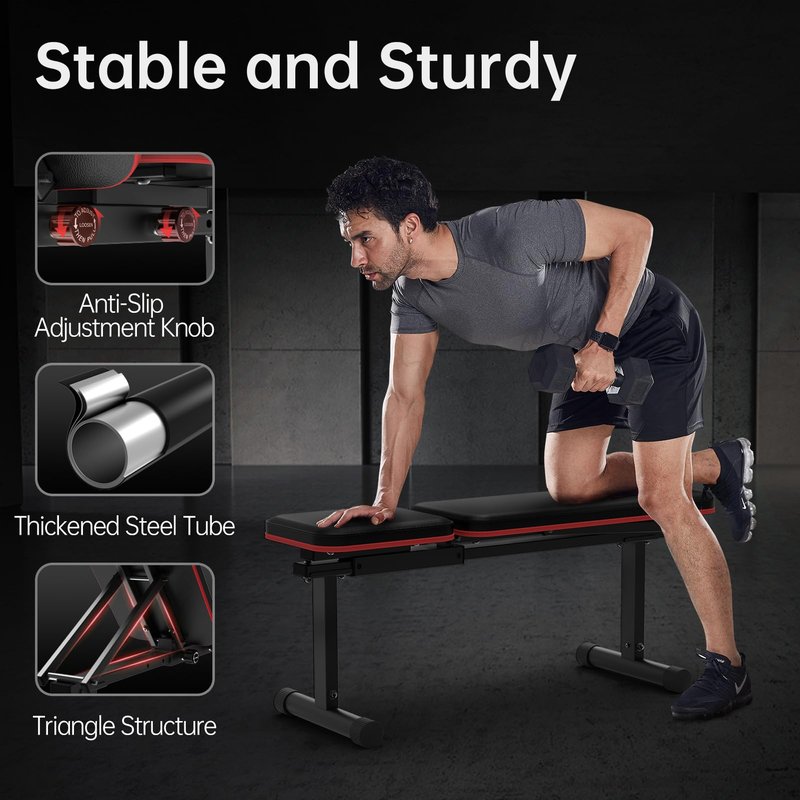 PASYOU Adjustable Flat Weight Bench, Foldable Bench Press for Home Gym, Multi-Angle Incline Workout Bench for Full Body Strength Training with 660LB Capacity, Free-Assembly Dual-Frame, PB200