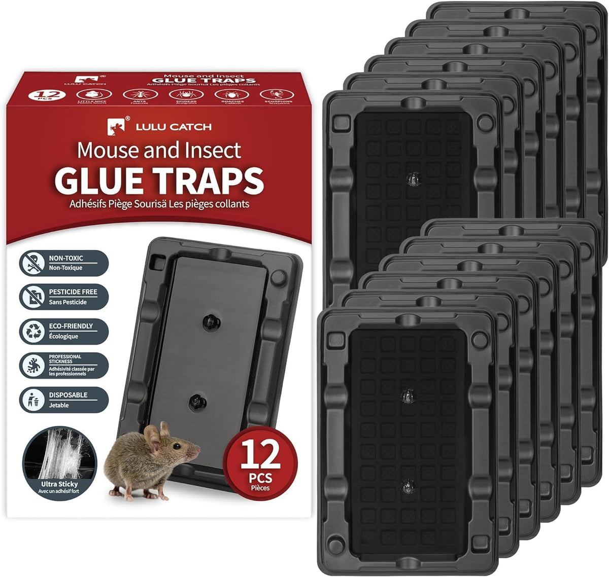LULUCATCH Mouse & Insect Traps - 12 Pack of Heavy-Duty, Non-Toxic Sticky Traps for Home Use