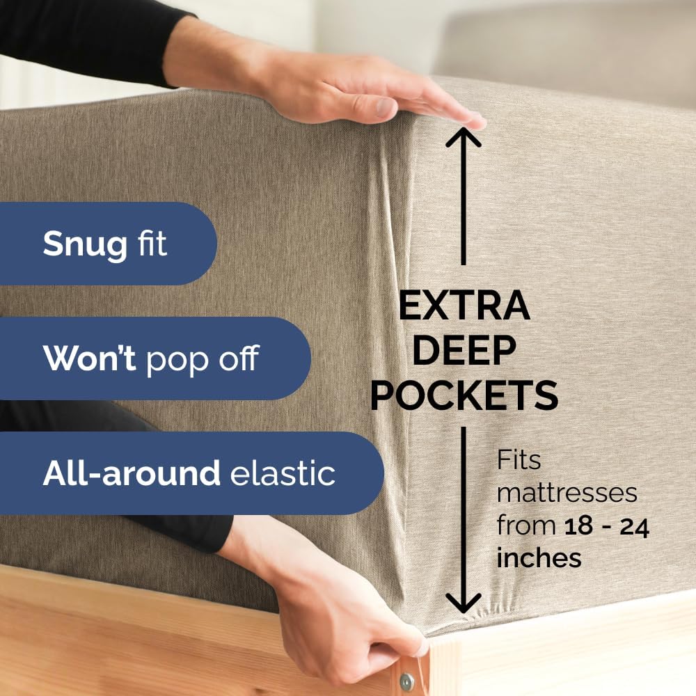 Skiennix Extra Deep Full Sheet Set - 6 Piece Breathable Cooling Bedding - Soft Wrinkle-Free Heathered Beige