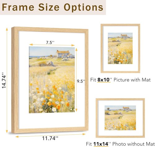 JCJMY 11x14 Picture Frame Set of 4 - Solid Wood Frames with Shatter Resistant Plexiglass | Display 8x10 or 11x14