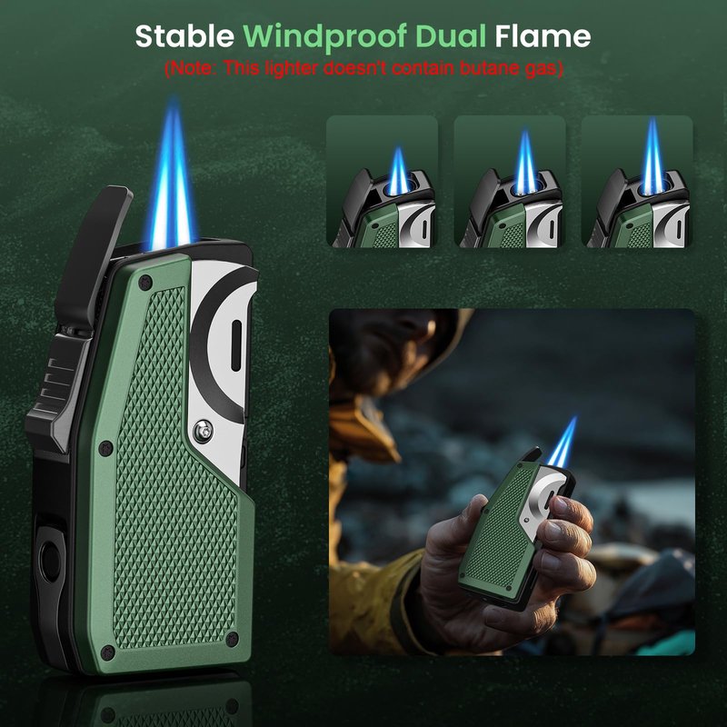 All-in-One Torch Lighters with Straight Cutter, Punch, Holder, Windproof Dual Jet Flame Torch Lighter, Refillable Butane Torch Lighters with Gift Box for Men, Multi-function Accessories for Men Luxury
