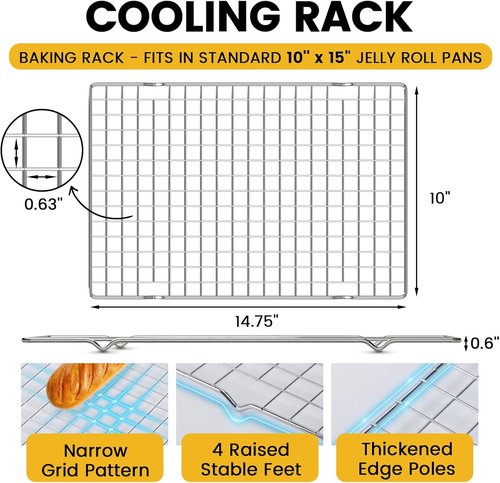 CUNSENR Stainless Steel Cooling Rack - Heavy Duty 10" x 14.75" for Baking & Roasting | Dishwasher Safe - 2 Pack