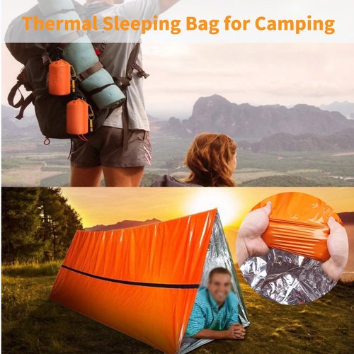Dzronda Emergency Sleeping Bag with Whistle, Portable Emergency Survival Bag, Lightweight Pocket Size Emergency Sleeping Bag, Waterproof Thermal Bivy Sack for Camping, Hiking (6 Pack + Whistle)