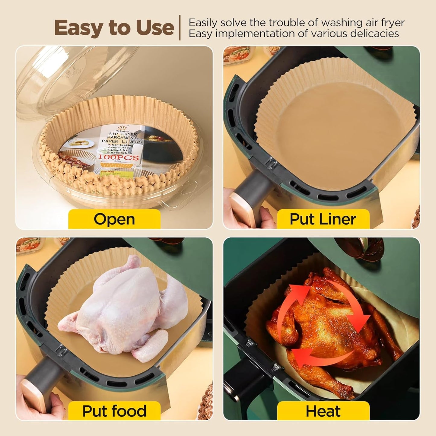 Air Fryer Paper Liners - 100PCS Non-Stick Parchment Liners for 5-8QT Air Fryers | 8 Inch Round