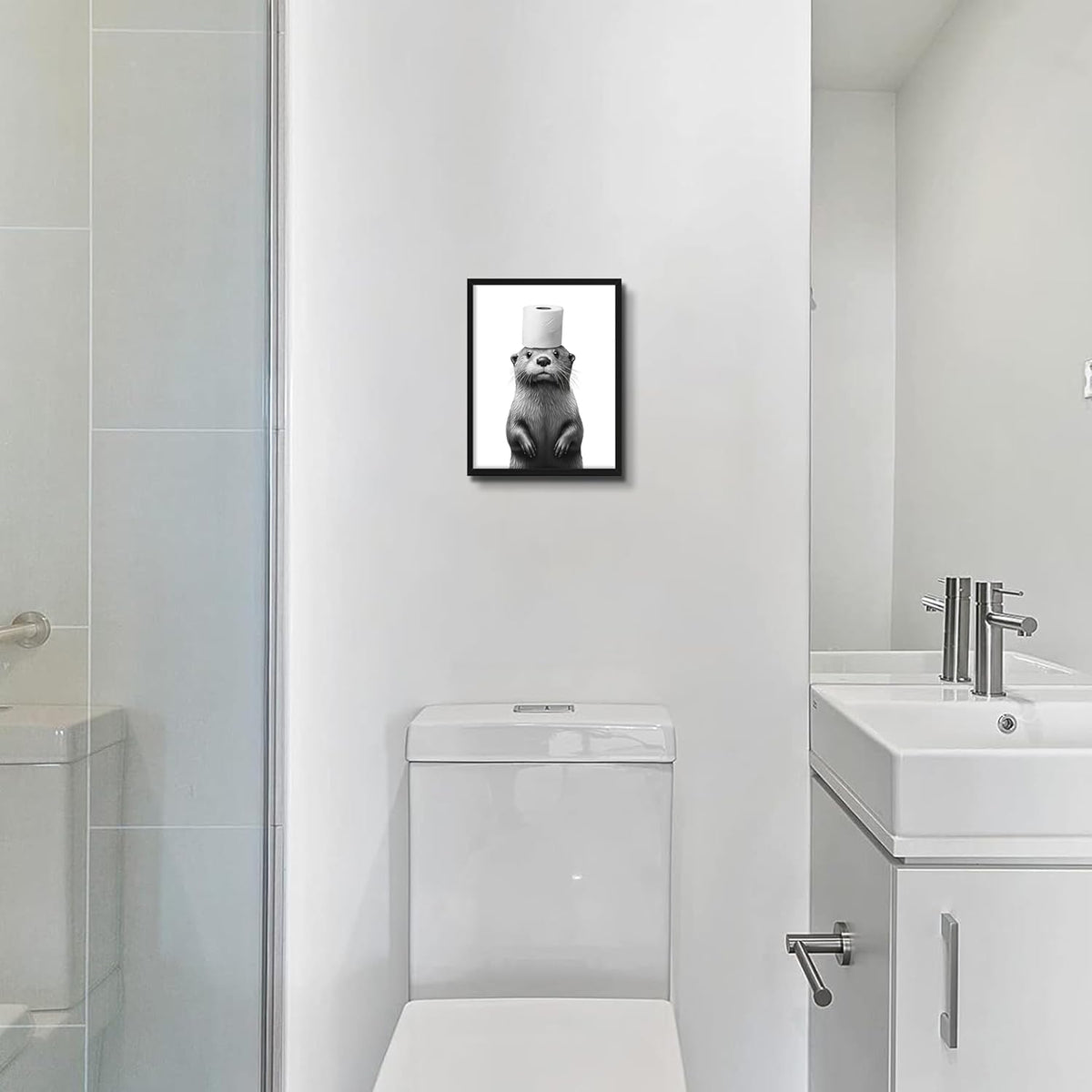 Skiennix Funny Bathroom Wall Art - Cute Otter Holding Toilet Paper | Black & White Canvas Print 8x10 Inch