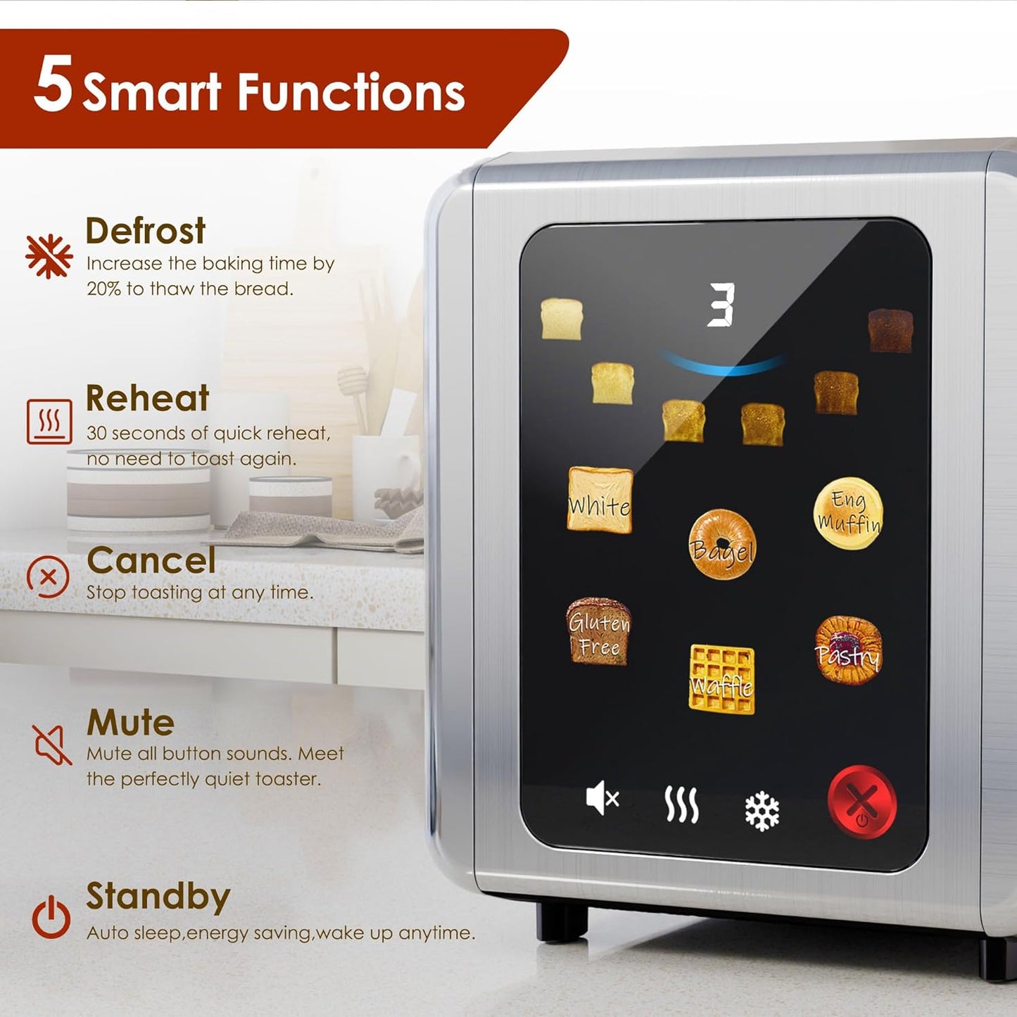 WHALL Touch Screen Toaster - 2 Slice Smart Toaster with Digital Timer & 6 Shade Settings | Silver
