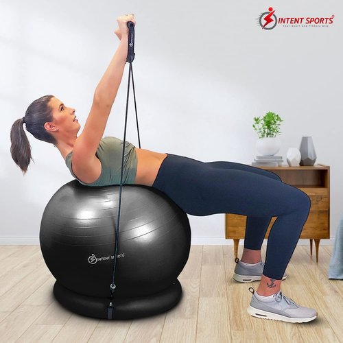 INTENT SPORTS Yoga Ball Chair – Stability Ball with Inflatable Stability Base & Resistance Bands, Fitness Ball for Home Gym, Office, Improves Back Pain, Core, Posture & Balance (65 cm)(Black)