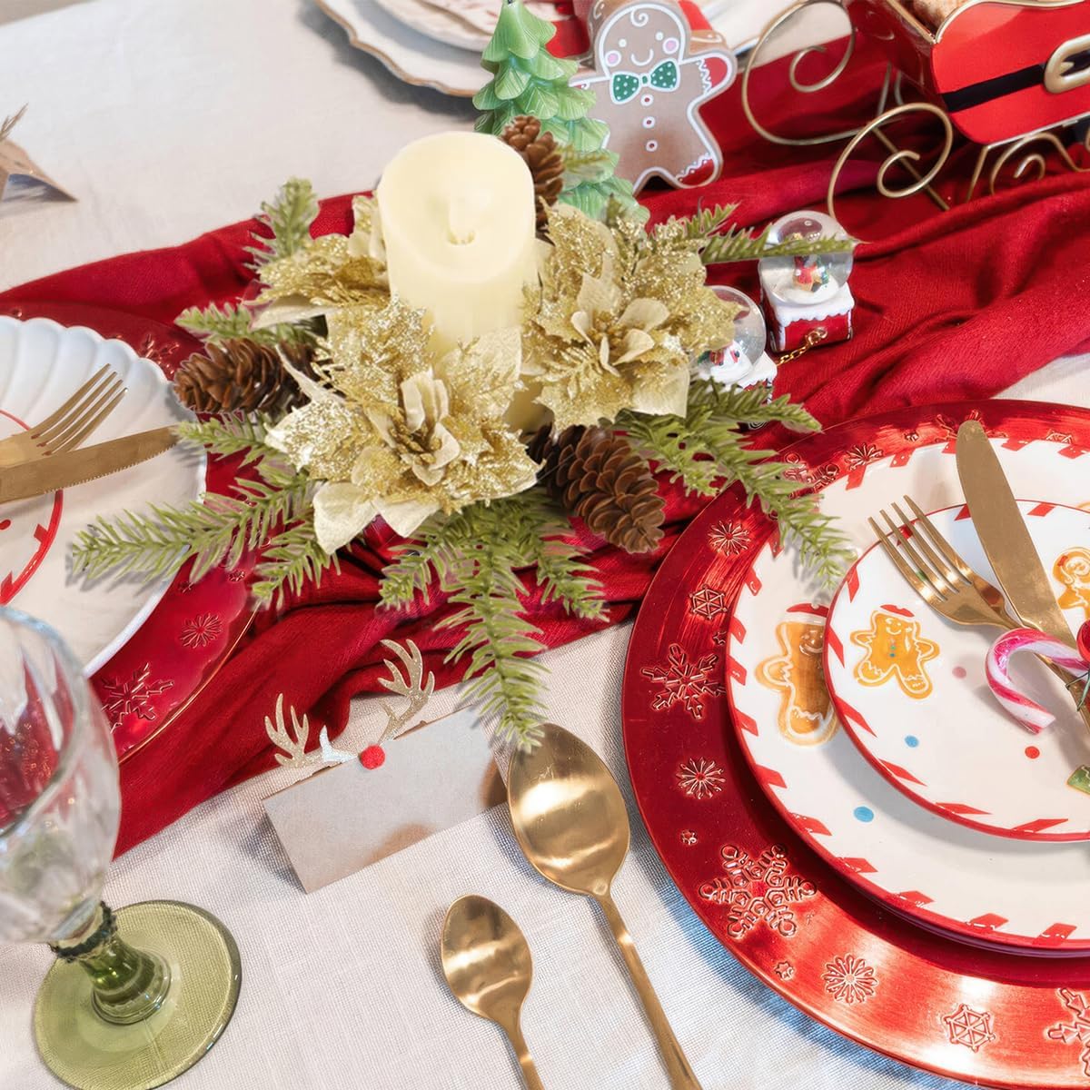 Regine Switzerland Christmas Candle Ring - Gold Glitter Poinsettia & Pinecone Garland | Holiday Table Decor