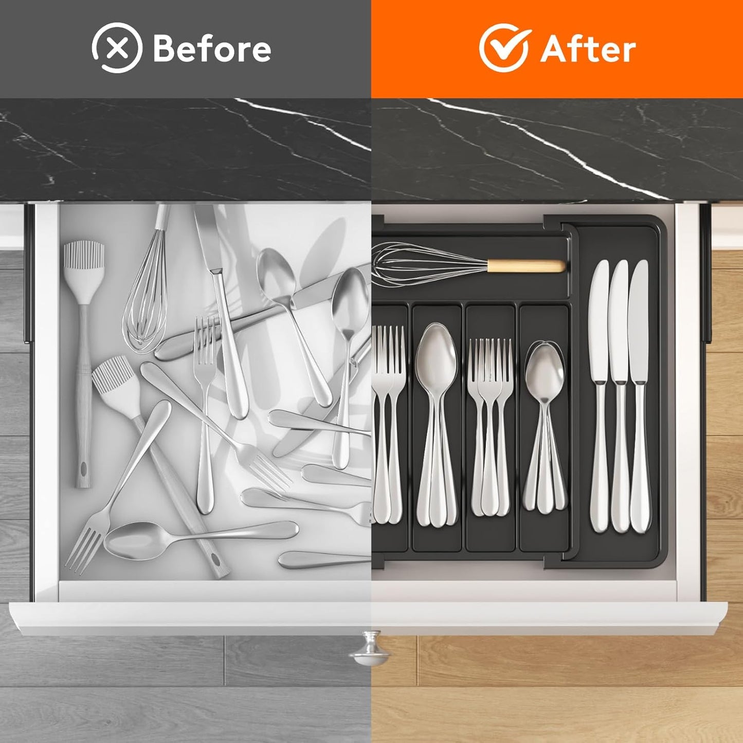Lifewit Drawer Organizer Set - Expandable Plastic Storage for Silverware & Cooking Utensils | BPA-Free, Black