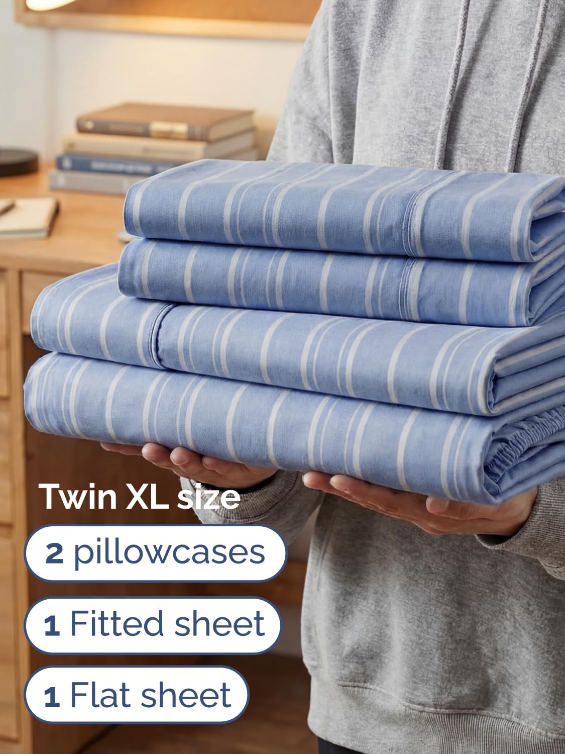 Skiennix Extra Deep Twin XL Sheet Set - 4-Piece Breathable Cooling Bedding - Soft Wrinkle-Free Blue Stripes