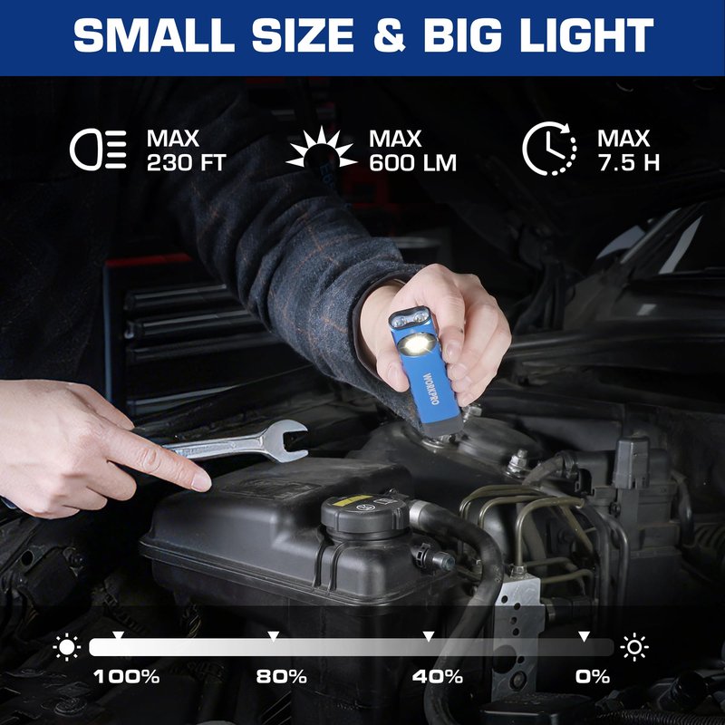 WORKPRO Rechargeable Work Light, 600 Lumens Flat Pocket Flashlight with UV Light, Magnetic Base & Clip, Slim LED EDC Flashlight for Garage, Camping, Home, and Emergencies