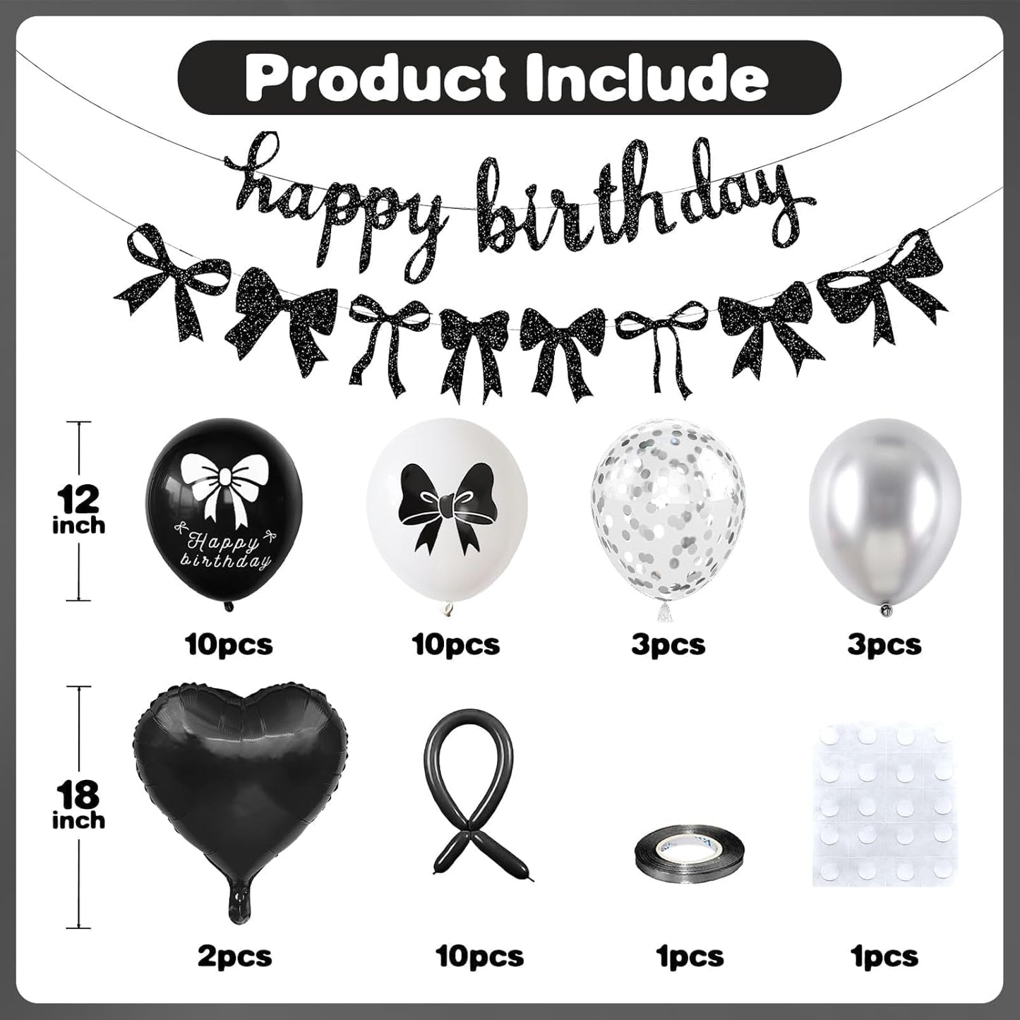 Skiennix Black Bow Birthday Decorations - Coquette Party Set with Happy Birthday Banner & Heart Foil Balloons